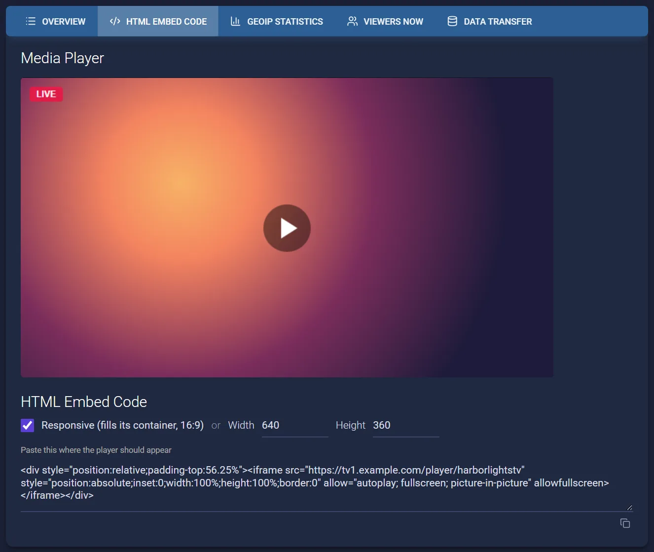 The HTML Embed Code tab: a preview of the media player, the Responsive option with width and height, and the embed code with a copy button.