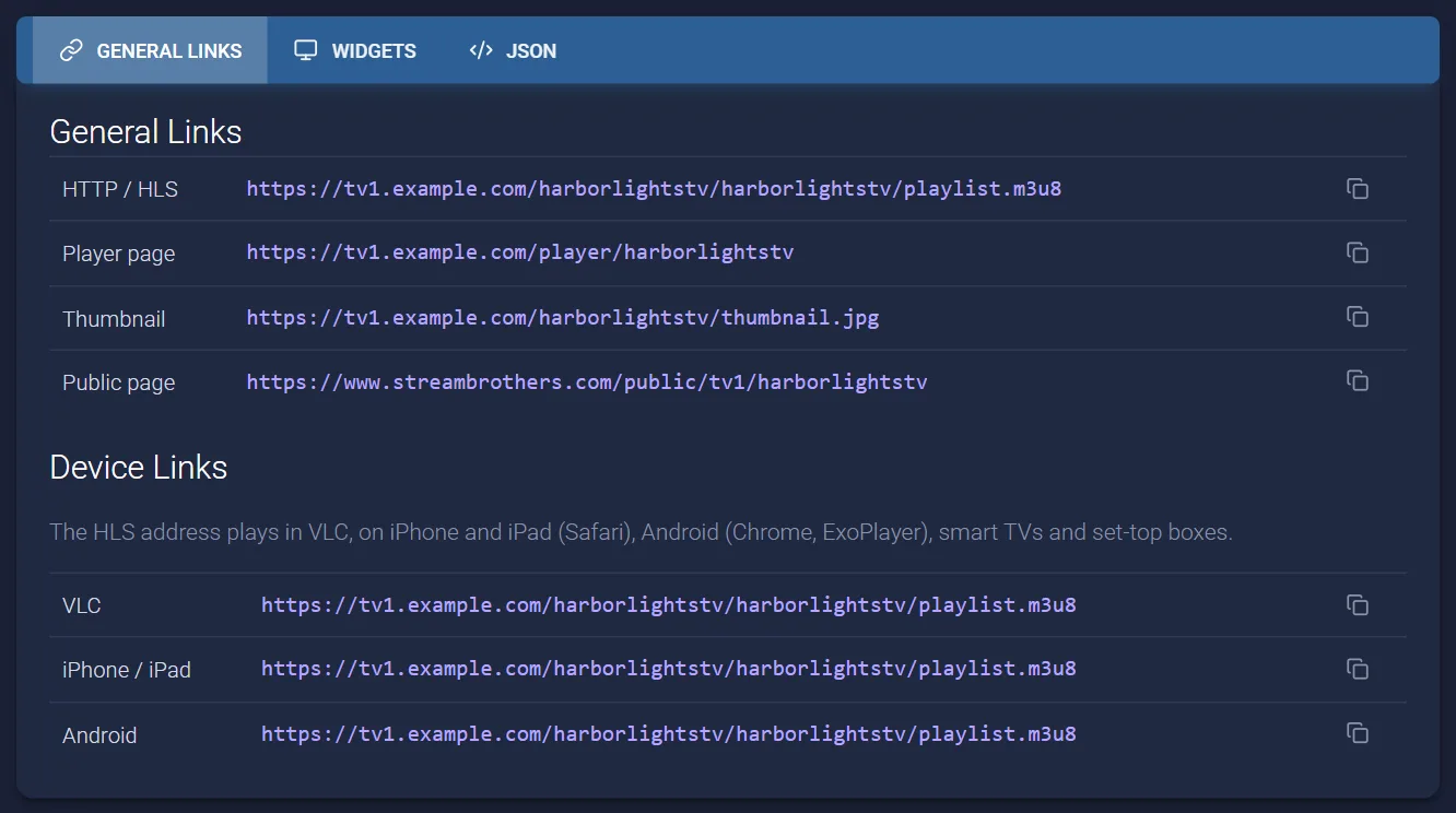 Widgets and Links: the HLS, player page, thumbnail and public page links, and device links for VLC, iPhone and Android.