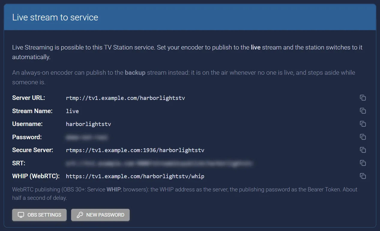 The Live stream to service box: Server URL, Stream Name, Username, a blurred Password, Secure Server, SRT and WHIP, with OBS settings and New password buttons.