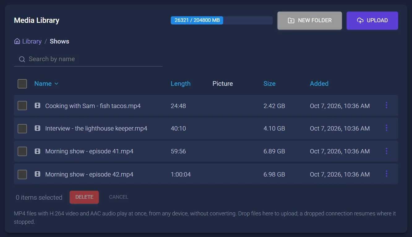 The Media Library inside a Shows folder: files with their length and size, Upload and New Folder buttons, and a storage meter.