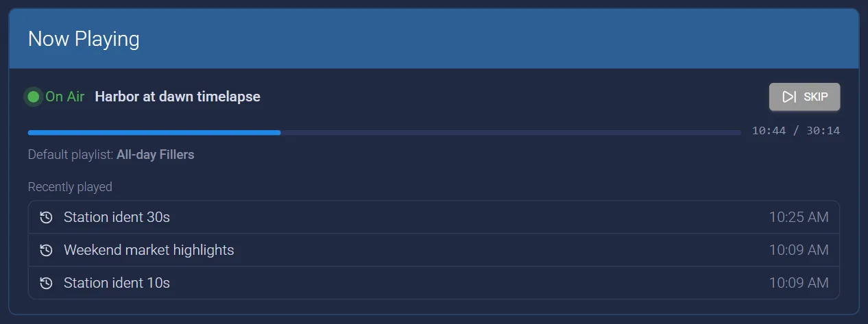 The Now Playing card: the file on the air with a progress bar, the default playlist, and the recently played files.