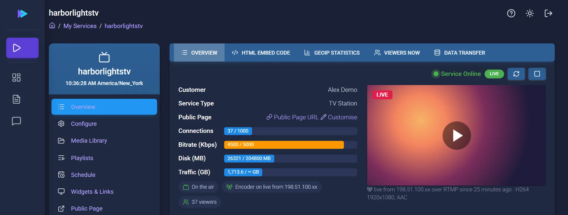 A service's Overview: the menu on the left, the Live badge, meters for connections, bitrate, disk and traffic, and a live preview.