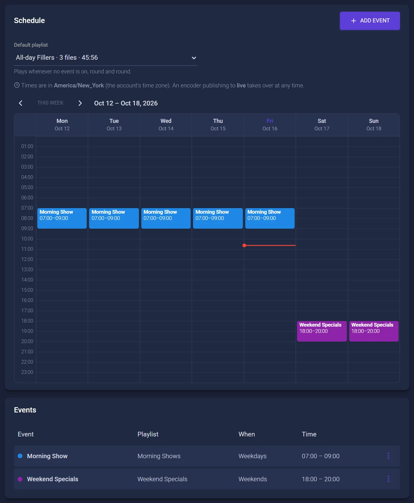 The weekly Schedule: a default playlist, a week grid with Morning Show on weekday mornings and Weekend Specials on weekend evenings, and the list of events.
