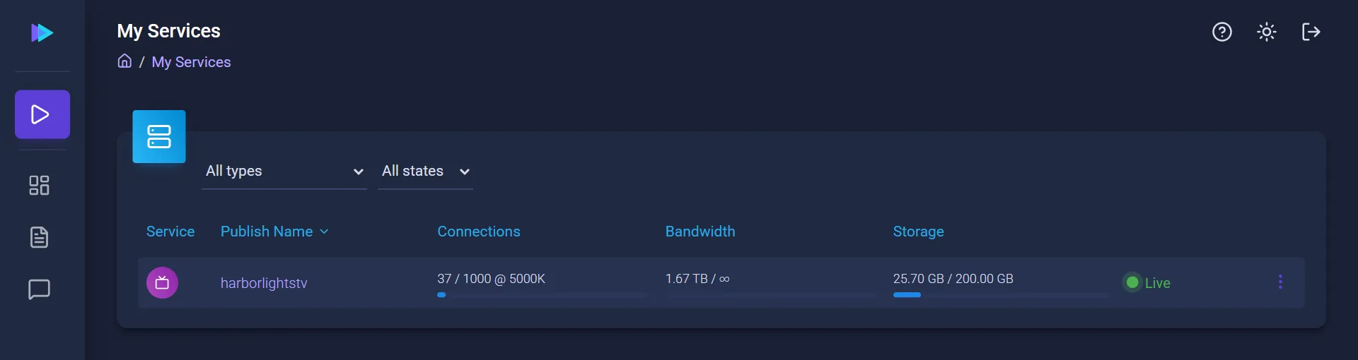 The Streaming page's My Services list, with one TV Station service shown as Live and its connections, bandwidth and storage.